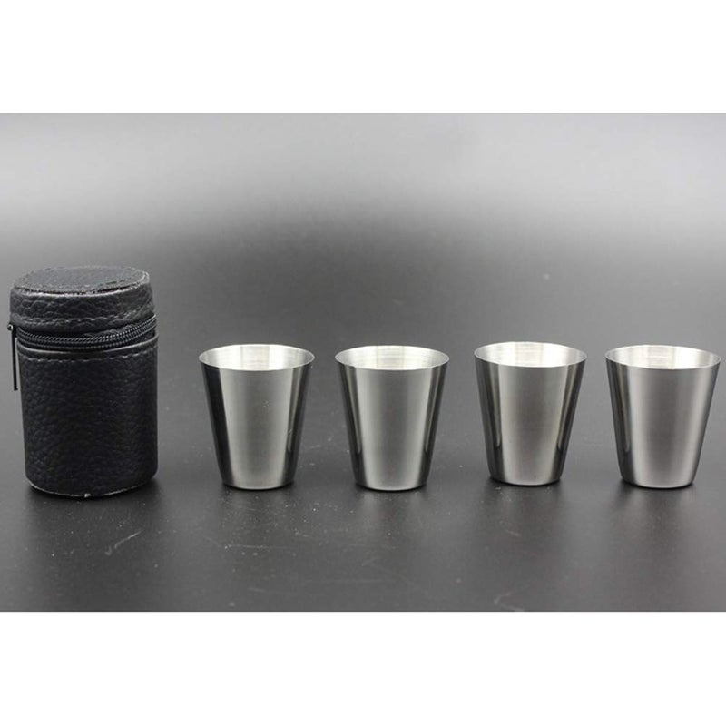 lasenersm 4 Pieces 30ml (1oz) Stainless Steel Shot Cups Shot Glass Drinking Vessel with One Black PU-Leather Carrying Case Outdoor Camping Travel Coffee Tea Cup, Silver Cup, Black Case - Image 2